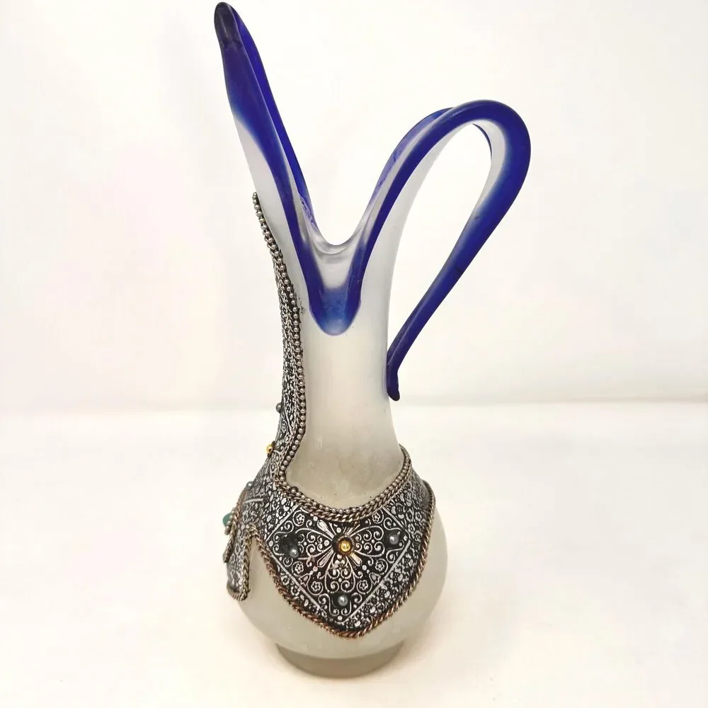 Vintage Moroccan Art Glass Vase Cobalt Blue Ruffled Hand Blown Metal Overlay Boh